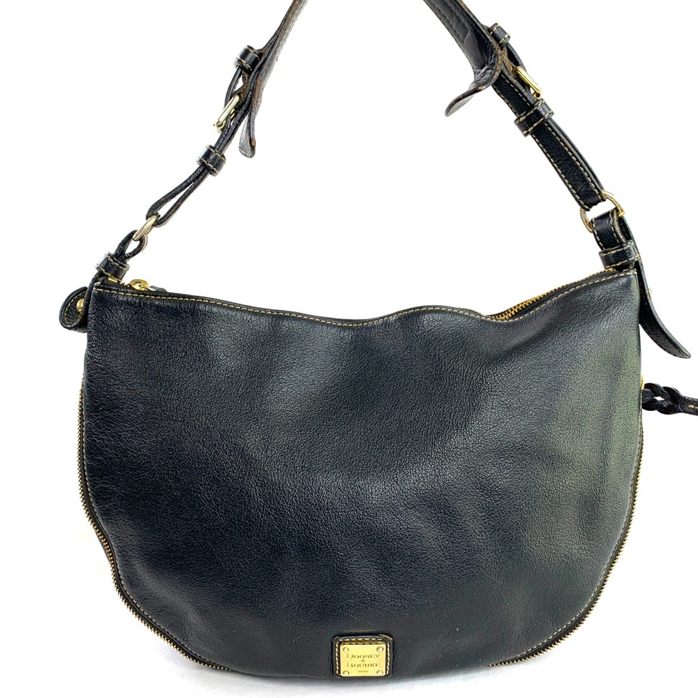 Dooney Bourke Black Leather Round Medium Shoulder Bag Brass Zips All Around
